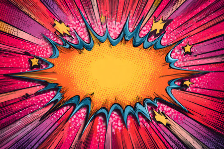 Bright colors burst in a comic-style explosion, featuring shades of pink, blue, yellow, and red. The design captures energy and excitement with a dramatic, bold style.の素材