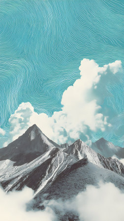 This artwork showcases a vibrant, abstract landscape with layered mountains, fluffy clouds, and a mix of colors that evoke a serene sunset atmosphere. The scene is calming and visually engaging.の素材