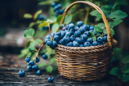 A wicker basket is overflowing with freshly picked blueberries, resting on a wooden table. The deep blue berries shine in natural light, surrounded by a rustic setting.の素材