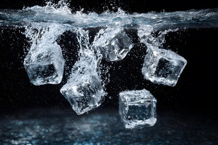Ice cubes drop into sparkling blue water, creating splashes and bubbles. The scene captures the refreshing essence of summer fun and cool drinks enjoyed by the poolside.の素材