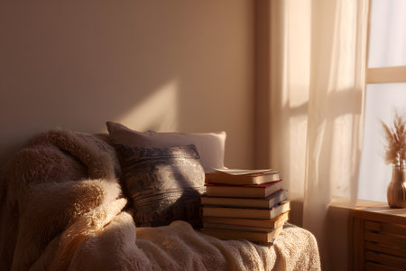 A tranquil reading corner features a comfortable bed decorated with soft pillows and warm blankets. Stacked books surround a wooden bowl and lit candles, creating a relaxing atmosphere.の素材