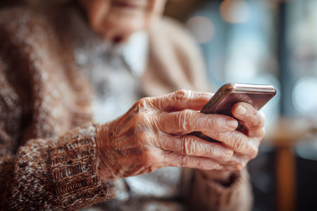 An elderly woman is focused on her smartphone, attentively scrolling or typing. She appears to be engaged in a digital activity, wearing a cozy sweater.の素材