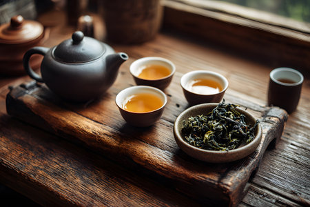 On a rustic wooden table, a dark teapot sits next to four small cups filled with golden tea. Loose tea leaves are placed in a bowl, showing the art of tea brewing in a serene setting.の素材
