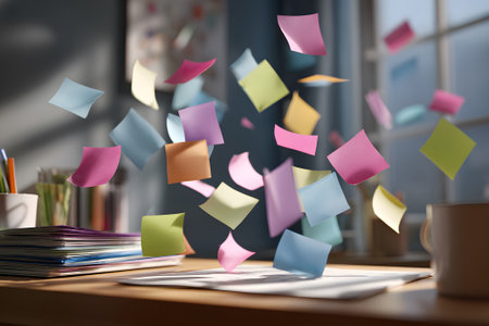 Bright sticky notes in pink, yellow, and orange are scattered mid-air in an office setting. The organized workspace features stationery and books, enhancing its creative vibe.の素材