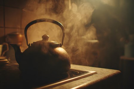 A kettle releases steam while sitting on a wooden cutting board in a brightly lit kitchen. Sunlight beams through the window, creating a warm and inviting atmosphere.の素材
