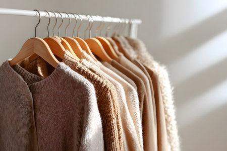 A collection of modern jackets and sweaters in warm neutral colors is displayed on a rack. Soft sunlight gently illuminates the clothing, creating a cozy atmosphere.の素材