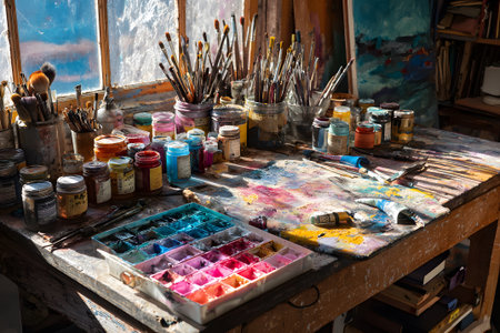 Bright sunlight filters through the window, illuminating a cluttered art table covered with paint jars, brushes, and a palette of vibrant colors, showing casing artistic inspiration.の素材