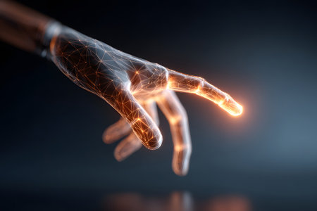 A glowing hand made of digital particles extends toward an unseen object in a dark environment, creating a mystical and futuristic atmosphere filled with light.の素材