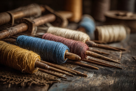 Colorful yarn balls are neatly arranged with wooden knitting needles on a weathered table. The warm, inviting atmosphere suggests a creative craft session taking place indoors.の素材