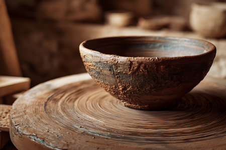 A skilled artisan shapes a clay bowl on a pottery wheel in a warm-lit workspace. The texture of the clay and the vibrant earthy tones highlight the craft of pottery making.の素材