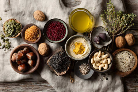 A variety of spices and nuts are spread across a textured cloth, showing garlic, almonds, and different powders. This tranquil kitchen scene evokes culinary creativity at dusk.の素材