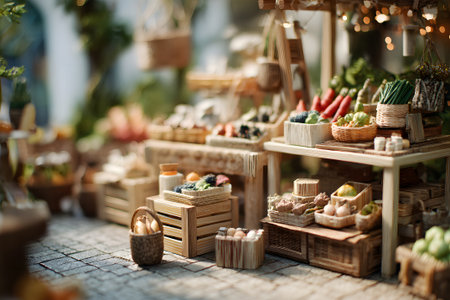 A vibrant miniature market scene filled with fresh vegetables. Wooden stalls are adorned with an array of colorful produce, showcasing the meticulous craftsmanship of the display.の素材