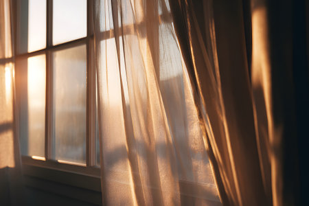 Soft sunlight filters through light curtains, creating a warm atmosphere in a room as day transitions to evening. The colors of the sunset enhance the serene vibe.の素材