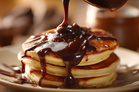 Warm pancakes are stacked high on a plate as rich chocolate sauce is poured over them, creating a delicious dessert. The background is softly lit for a warm atmosphere.の素材