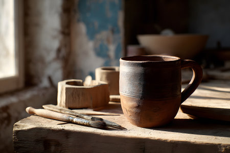 A rustic ceramic mug sits next to brushes and wooden tools on a worn wooden table. Sunlight streams through a window, illuminating the creative space of a pottery studio.の素材