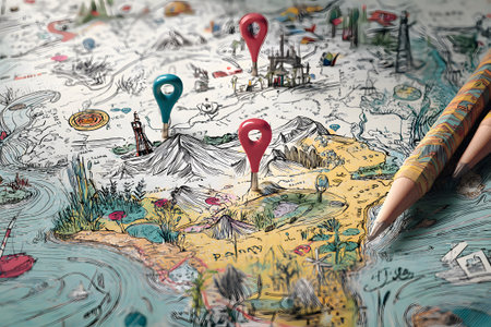 A detailed illustrated map features scenic landscapes, whimsical drawings, and colorful markers pointing to various locations. The artistic style adds a playful touch to the cartography.の素材