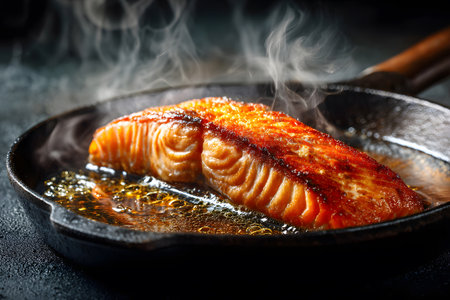 Juicy salmon fillet is perfectly seared in a cast iron skillet, releasing steam as it cooks. The rich, golden crust suggests a delicious flavor, with flames flickering nearby.の素材