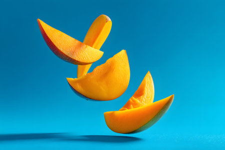Mango slices are suspended in the air, showing their rich orange color against a solid blue background. This scene highlights the fresh and juicy nature of the fruit.の素材