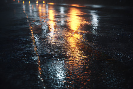 A city street is illuminated by streetlights at night. The wet pavement reflects colorful lights from nearby buildings and cars, creating a vibrant scene.の素材