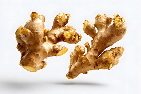Fresh ginger root is presented in a creative way, highlighting its unique shape and texture. The neutral background enhances its earthy tones and forms.の素材