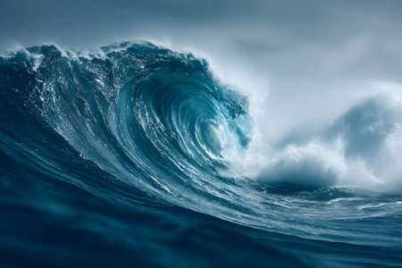 A powerful ocean wave curls with stunning turquoise colors as it crashes against the water's surface. The sky is filled with dark clouds, adding to the dramatic scene.の素材