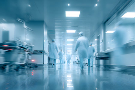 Medical staff in blue scrubs are hurrying through a hospital corridor filled with equipment. The scene shows the urgency and teamwork present during a busy shift in the medical facility.の素材
