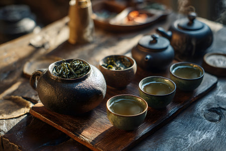 On a rustic wooden table, a dark teapot sits next to four small cups filled with golden tea. Loose tea leaves are placed in a bowl, showing the art of tea brewing in a serene setting.の素材