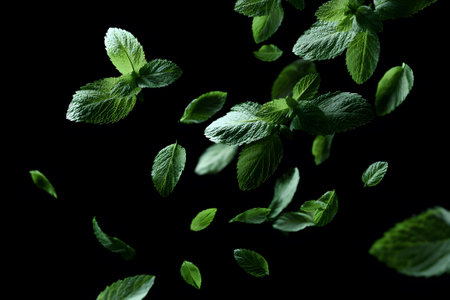 Lively mint leaves float and cascade against a dark backdrop, showing their vibrant green color and fresh texture. This arrangement captures the essence of freshness and natural beauty.の素材