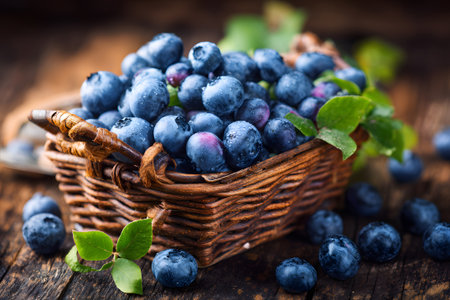 A wicker basket is overflowing with freshly picked blueberries, resting on a wooden table. The deep blue berries shine in natural light, surrounded by a rustic setting.の素材