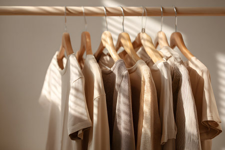 A collection of modern jackets and sweaters in warm neutral colors is displayed on a rack. Soft sunlight gently illuminates the clothing, creating a cozy atmosphere.の素材