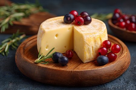 A rustic wooden board displays soft cheese topped with fresh berries, mint leaves, and a drizzle of honey.の素材