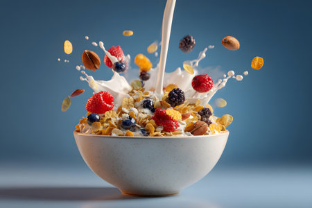 A colorful bowl of cereal with honey oat rings, berries, and nuts is shown as milk splashes in the air. The scene captures a vibrant morning breakfast moment.の素材