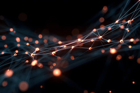 Glowing particles and lines form an abstract network in a dark space, showcasing a visual representation of connectivity and dynamic movement in a tech-inspired scene.の素材