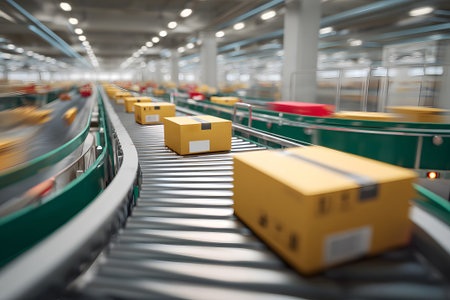 Bright yellow packages flow along a conveyor belt in a bustling distribution center. Workers oversee the processing, ensuring efficient delivery during peak hours.の素材