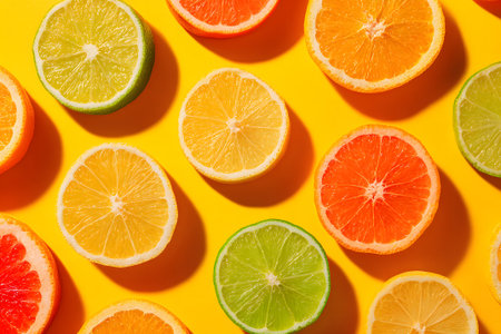 Brightly colored slices of oranges, limes, lemons, and grapefruits are arranged on a sunny yellow surface, showing their fresh textures and vibrant hues which evoke a summer vibe.の素材