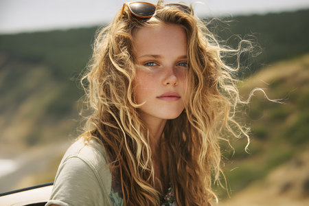 A young woman with long, curly hair sits near a car, basking in the sun by the coast. Her relaxed expression reflects the joy of summer days spent outdoors with nature.の素材