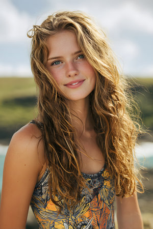 A girl with wavy hair stands by the beach, smiling brightly. The sun shines down, highlighting the vibrant landscape around her as she enjoys a beautiful day outdoors.の素材