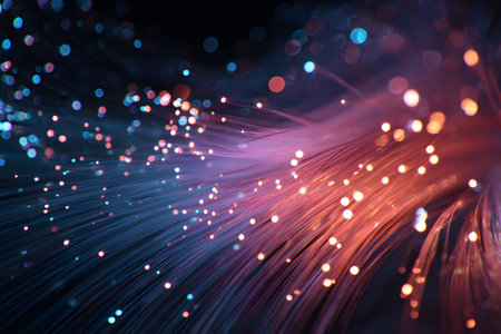 Colorful strands of light stretch across a dark background, creating a dynamic and vibrant display that captivates the viewer's attention with its brightness and variety.の素材