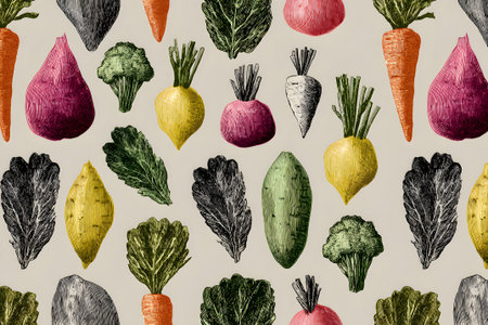 A vibrant collection of various vegetables is displayed on a light background. The assortment includes carrots, peppers, broccoli, squash, and more, highlighting fresh produce choices.の素材