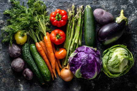 A variety of fresh vegetables are neatly arranged on a dark surface. The selection includes tomatoes, peppers, carrots, cabbage, zucchini, and herbs, creating a vibrant display for cooking.の素材