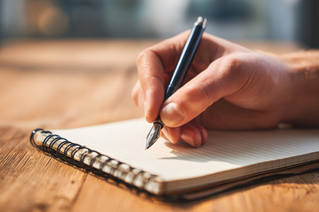 A person is holding a pen and writing in a blank notebook on a wooden table. Natural light is softly illuminating the space, creating a warm and inviting atmosphere.の素材