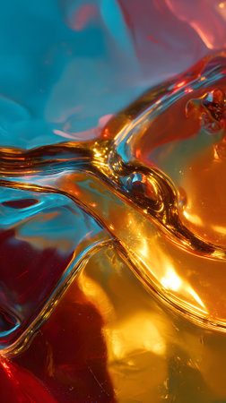 Swirling, colorful fluid shapes blend together in vibrant hues of yellow, blue, and purple, creating a dynamic visual experience against a dark backdrop.の素材