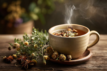 Steam rises from a cup of hot herbal tea resting on a wooden table. Dried herbs are scattered nearby, showcasing natural ingredients used for brewing.の素材