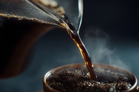 Freshly brewed coffee is being poured into a clear glass cup in a cozy kitchen setting. Steam rises, adding warmth to the morning scene. The rich aroma enhances the inviting atmosphere.の素材