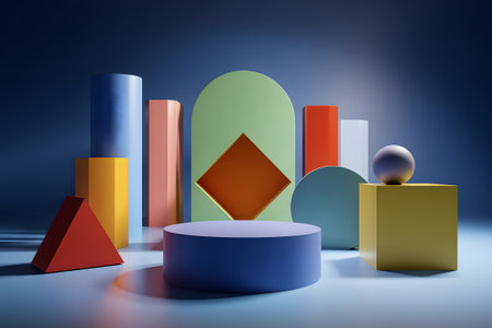 Various geometric shapes in bright colors are arranged artistically in a minimalist space. Soft light filters through, creating playful shadows and highlights.の素材