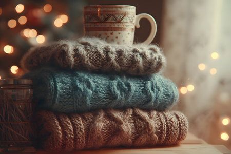 Soft blankets are neatly arranged with a knitted hat on top, next to a warm cup of coffee. Twinkling lights create a cozy winter atmosphere perfect for relaxation.の素材
