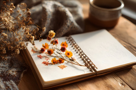 A cozy scene showcases a notebook adorned with dried flowers, highlighting creativity and appreciation for nature. Nearby, a warm beverage adds to the inviting atmosphere.の素材