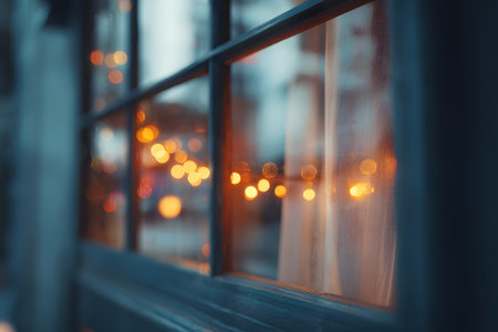 Soft bokeh lights shimmer outside a rustic window, creating a warm atmosphere. The scene captures the charm of the evening in a lively urban setting.の素材