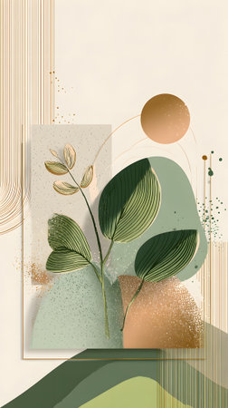 Colorful paper cut leaves and shapes blend harmoniously, showing an artistic representation of nature. The design uses soft tones and layered textures, creating depth and interest.の素材