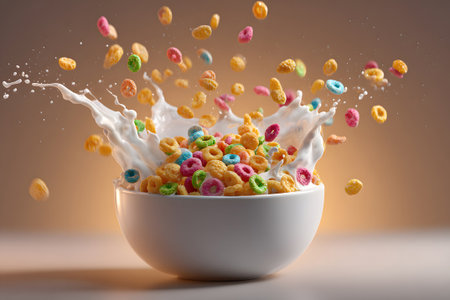 Cereal spills from a white bowl, creating a splash effect. Various fruits like raspberries, blueberries, and orange slices mix with nuts and flakes in a warm, inviting background.の素材